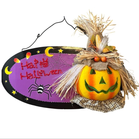 Happy Halloween 3-D Fiber Optic Plug In Pumpkin Sign Display Fall Decor 20" VTG - Picture 1 of 10
